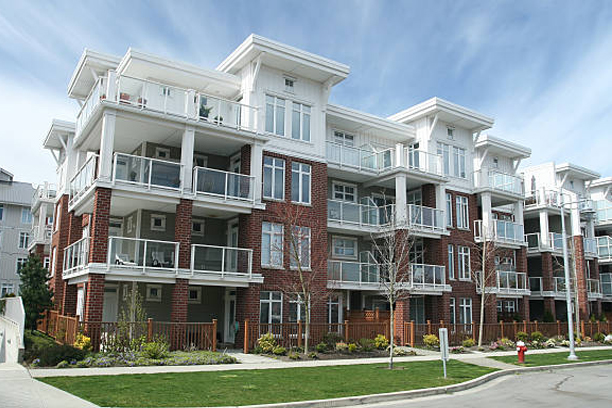 Newly constructed senior community building in suburban setting